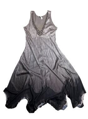 Komarov NWOT Silver Ombré Crinkle Embellished Dipped Artsy Hemline Maxi Dress L
